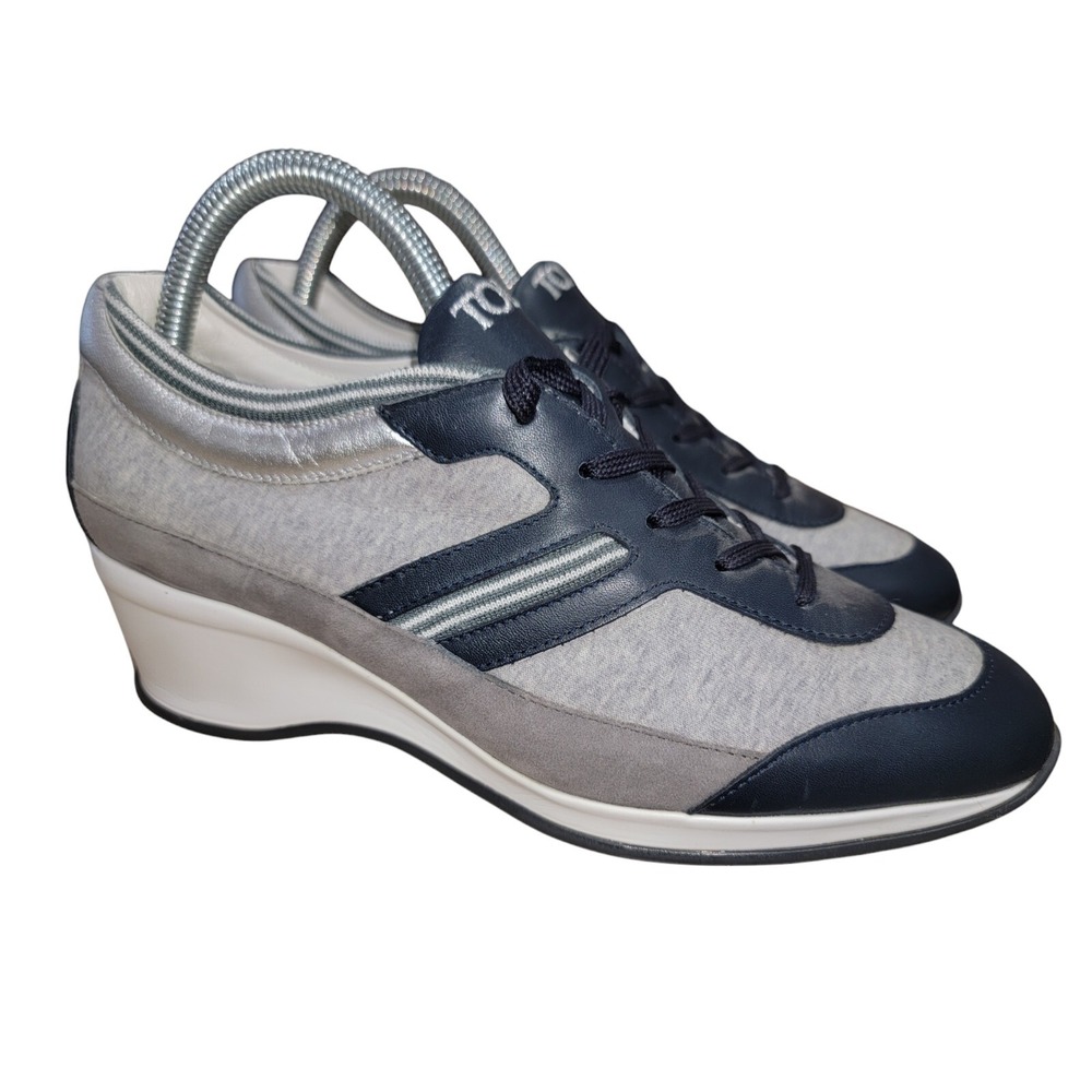 Tods Women's Blue Gray Leather Fabric Almond Toe Wedge Sneakers Sz 8 US /‎ 38 EU